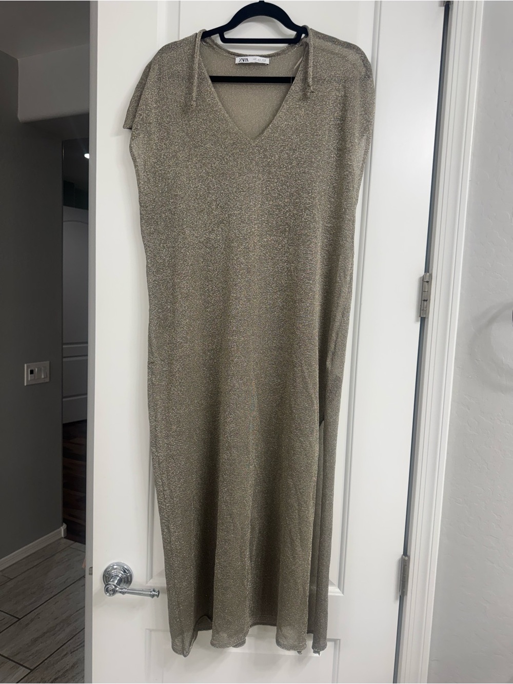Zara Metallic Gold V-Neck Maxi Dress